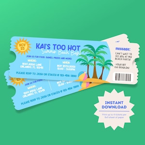 Beach Birthday Ticket Invitation | Summer Beach Party Invite | Beach Themed Party | Summer Birthday Invite, Summer Birthday Printable Invite