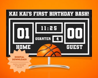 May include: A digital printable sign for a basketball-themed first birthday party. The sign features a basketball scoreboard with the text "Kai Kai's First Birthday Bash!" and the scores "01" and "00". The sign also includes a basketball graphic and the text "Digital Download!"