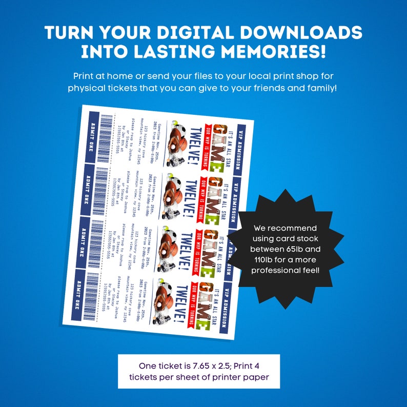 May include: Printable game day ticket template with a blue, red, and white color scheme. The ticket features a football and basketball graphic with the text "Game Day" and "Twelve!" The text "It's an All Star Game" is also included. The ticket is 7.65 inches by 2.5 inches and recommends using card stock between 65lb and 110lb for a more professional feel.