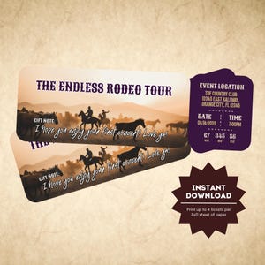 Country Rodeo Konzertkarten-Vorlage | Bearbeitbare Cowboy Horse Themed Konzertkarte | Individuelles Rodeo Ticket Stub | Surprise Ticket Stub Einladen