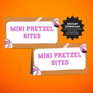 Etiquetas para comida de festa de aniversário de basquete para meninas | Cartões de mesa para buffet com tema de basquete | Placas para barracas de comida de aniversário esportivo | Decoração para festa de basquete