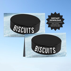 Modelos fofos para festa de aniversário com tema de hóquei | Cartões de mesa de comida de hóquei para imprimir | Placas de comida de aniversário do All-Star | Convites infantis com tema de hóquei