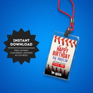 Baseball Motto Party Lanyard | Baseball Geburtstagsparty Dekorationen | Bearbeitbare Baseball VIP-Namenskarten | Junge Sport Geburtstag Dekor | Individuell