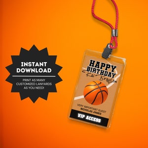 Kids Basketball Birthday Party VIP Pass | Basketball Theme Party Lanyard | Sports Birthday All Access Pass | Basketball Party Name ID Badge