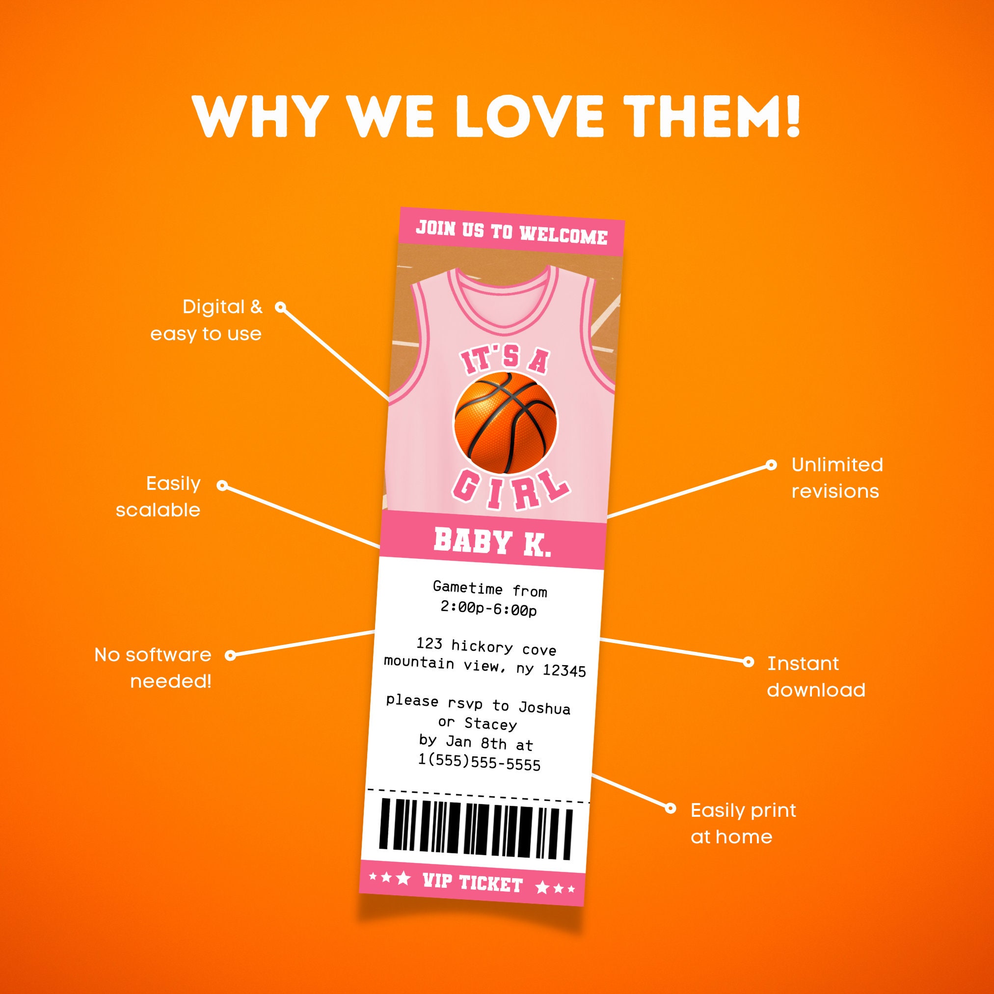 Basketball Themed Baby Shower Ticket Invite Its A Girl Baby Shower Girl