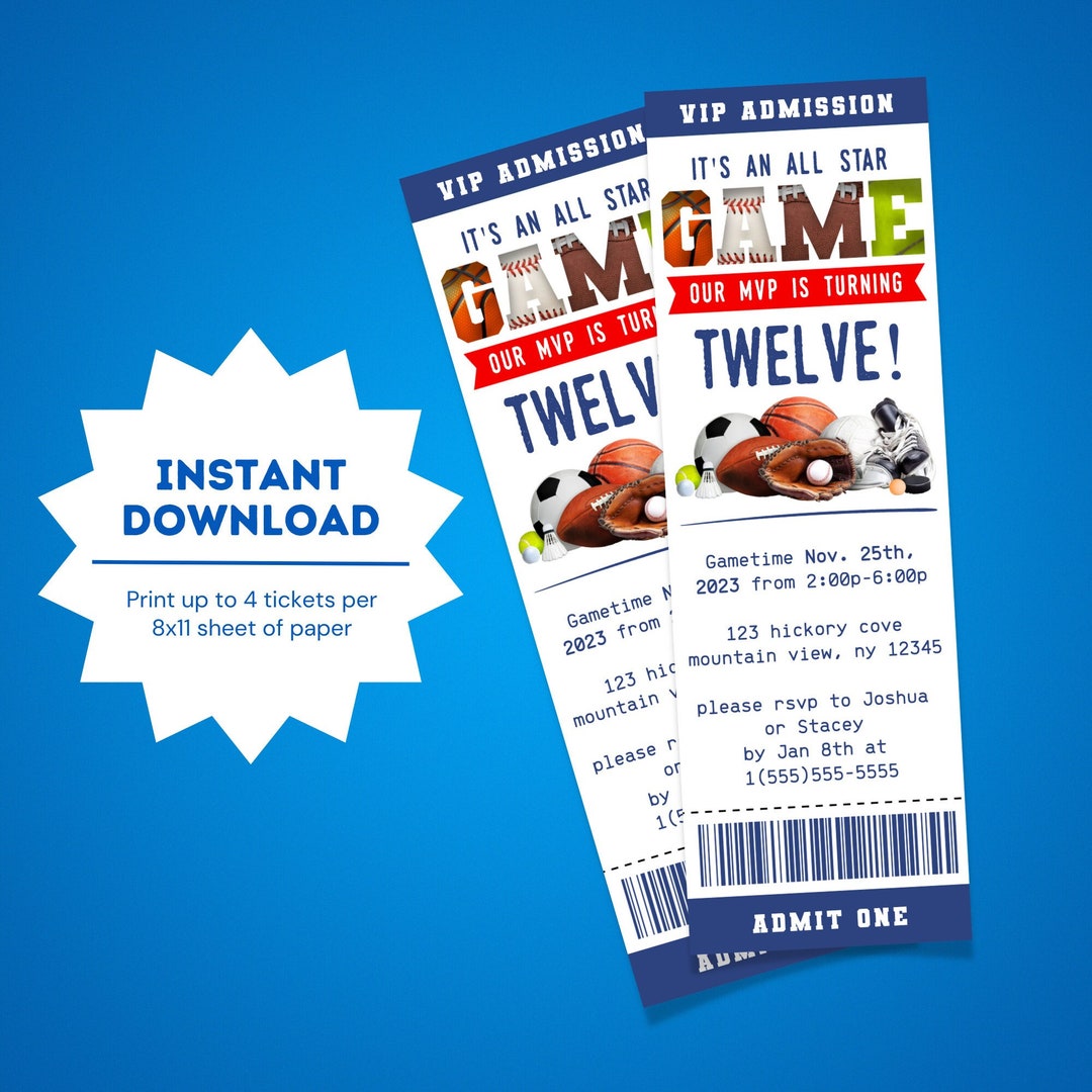 All Star Sports Ticket Birthday Invitation | All Star Ticket Invite ...
