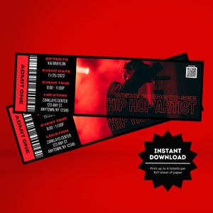 Rote Hip Hop Konzertkarte Vorlage | Bearbeitbare Rap-Konzertkarte | Personalisierte Musik Event Ticket Stub | Überraschungskarte | Erinnerungsgeschenk
