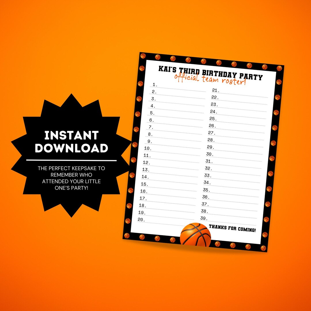 Basketball Birthday Sign in Sheet | Basketball Party Team Roster ...