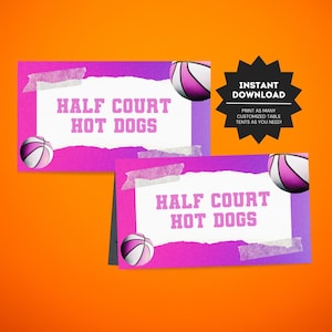 Etiquetas para comida de festa de aniversário de basquete para meninas | Cartões de mesa para buffet com tema de basquete | Placas para barracas de comida de aniversário esportivo | Decoração para festa de basquete