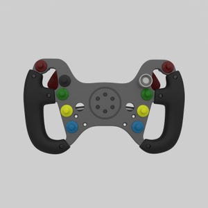 May include: A gray racing steering wheel with multiple colored buttons and a black leather grip.