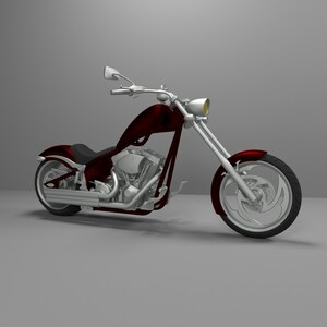 May include: A red and silver custom motorcycle with a large front wheel and a single seat. The motorcycle has a chrome exhaust pipe and a chrome headlight.