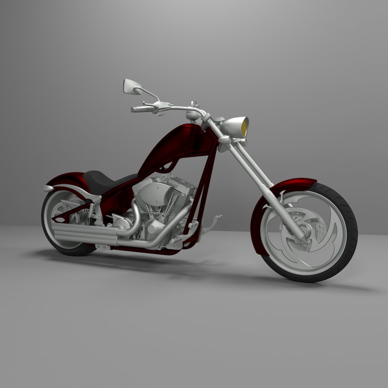 May include: A red and silver custom motorcycle with a large front wheel and a single seat. The motorcycle has a chrome exhaust pipe and a chrome headlight.