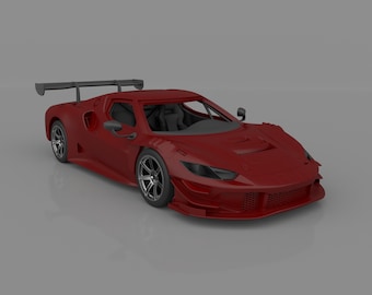 May include: A red sports car with a large rear wing and black wheels. The car has a sleek, aerodynamic design and is likely a high-performance vehicle.