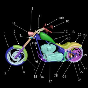 May include: A detailed diagram of a motorcycle with numbered parts labeled in white text. The motorcycle is green, blue, yellow, and purple. The motorcycle is a chopper style with a long front fork and a single seat.