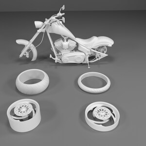 May include: White model of a motorcycle with three white wheels. The motorcycle has a long, low profile and a large engine. The wheels are all different sizes and styles.