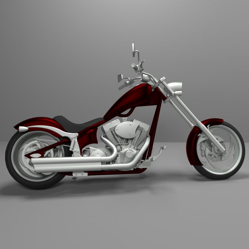 May include: A red and silver custom motorcycle with a large engine and a single seat. The motorcycle has a long, low profile and a wide, open front wheel.
