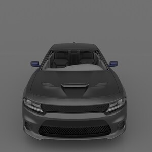 May include: A black car with a black hood and a black grille. The car has a black interior and blue side mirrors.
