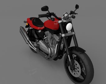 May include: A red and black motorcycle with a silver engine and exhaust pipe. The motorcycle has a black seat, handlebars, and front tire. The motorcycle is on a gray background.