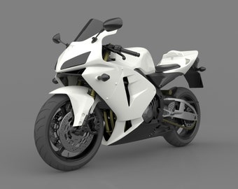 May include: A white sport motorcycle with black accents and a black windshield. The motorcycle has a single seat and a black exhaust pipe.