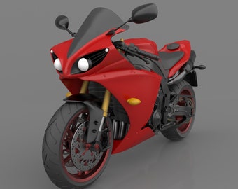 May include: A red sport motorcycle with black accents and a black windshield. The motorcycle has a single seat and a black exhaust pipe.