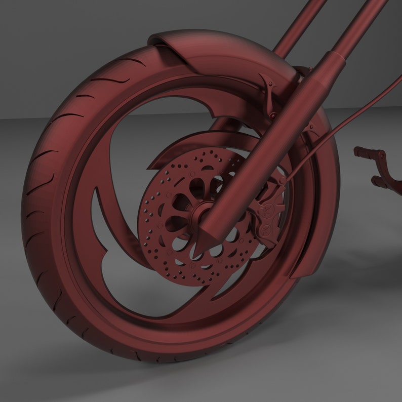 May include: A close-up of a red motorcycle wheel with a detailed spoke design and a red disc brake. The wheel has a black tire and a red fender.