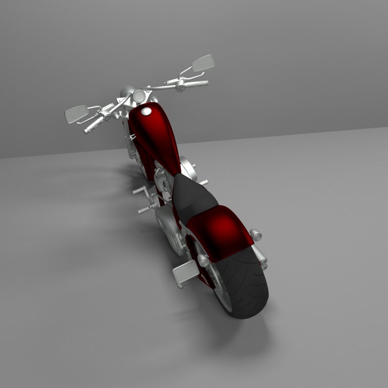 May include: A red and silver custom motorcycle with a single seat and a large rear tire.