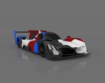 May include: A black, white, red, and blue race car with a sleek design. The car has a large wing in the back and a low profile.