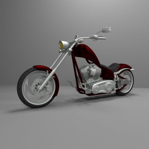 May include: A red and silver custom motorcycle with a large front wheel and a low seat. The motorcycle has a chrome engine and exhaust pipes.