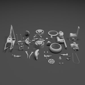 May include: A disassembled motorcycle model kit in white, including the frame, wheels, engine, and other parts.
