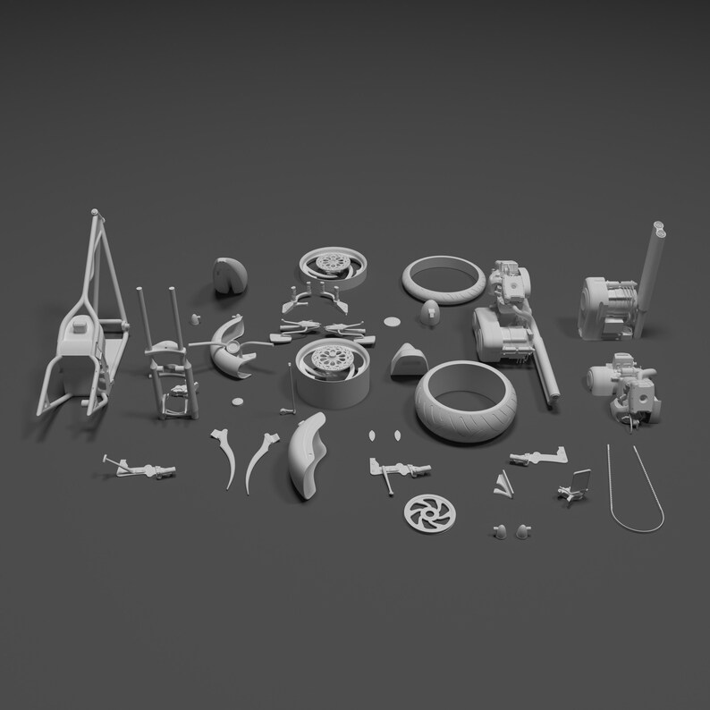 May include: A disassembled motorcycle model kit in white, including the frame, wheels, engine, and other parts.