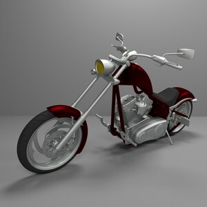 May include: A red and silver custom motorcycle with a large front wheel and a single seat. The motorcycle has a chrome exhaust and a chrome headlight.