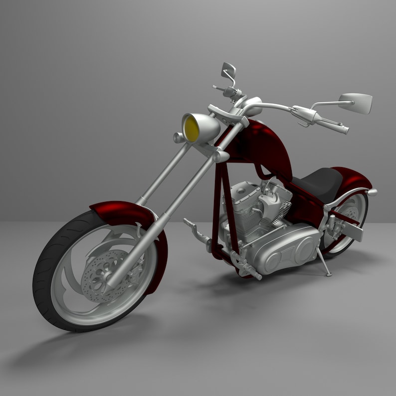 May include: A red and silver custom motorcycle with a large front wheel and a single seat. The motorcycle has a chrome exhaust and a chrome headlight.