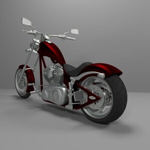 May include: A red and silver custom motorcycle with a black seat and large rear tire.