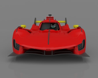 May include: A red race car with a black driver's helmet and yellow accents. The car is on a gray background.