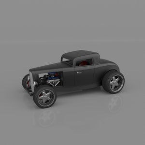 Pode incluir: Um Ford Coupé 1932 preto modificado em hot rod com um motor visível e rodas cromadas. O carro está sobre um fundo cinza.