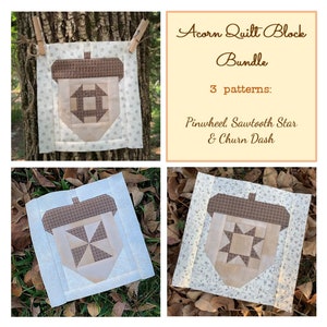 Puede incluir: Tres bloques de acolchado en forma de bellotas con diferentes patrones: molinillo, estrella de dientes de sierra y batidora. Los bloques están hechos de tela marrón, beige y blanca. El texto "Acorn Quilt Block Bundle" y "3 patterns: Pinwheel, Sawtooth Star & Churn Dash" se muestra sobre un fondo amarillo.