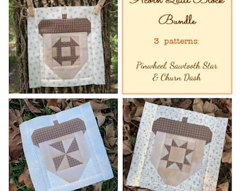 Acorn Quilt Block Bundle 3 PDF Patterns | Fall/Autumn/Thanksgiving/Halloween, Quick Easy Sewing Piecing, Table Runner, Hot Pad, Home Decor