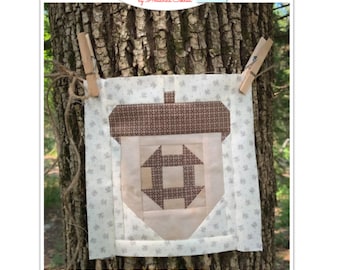 Acorn Churn Dash Quilt Block 8.5” PDF Pattern, Shoo Fly,Fall Autumn Harvest Squirrel, Thanksgiving Home Decor, Hot Pad, Pillow, Table Runner