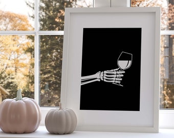 Skeleton Hand Wine Glass Wall Art, Print at Home Fall Decor, Minimalist Halloween Printable Decor, Fall Wall Art Minimal, Skeleton Poster