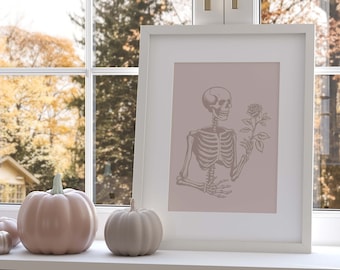 Skeleton Holding Rose Wall Art, Minimalist Wall Art Halloween, Halloween Wall Art, Downloadable Wall Art Fall Halloween, Fall Bar Decor