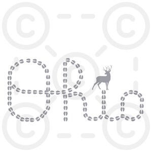 May include: A gray silhouette of a deer with antlers standing on a trail of gray animal footprints that spell out the word "Pride".