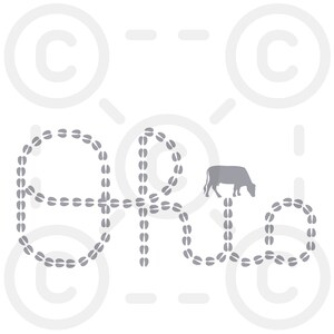 May include: A gray illustration with the word "ARCO" spelled out using cow hoof prints. A gray cow is grazing near the letter "O". The background includes light gray circular shapes and dashed lines.