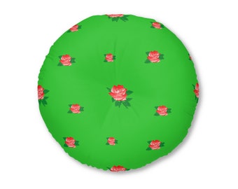 Tufted Floor Pillow, Round, Print Country Roses, Housewarming, Interior Design, Gift, Green and dark Red