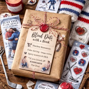 May include: A wrapped gift with a tag that reads "Blind Date with a Book." The tag lists "Hockey Romance" and other details. The image includes hockey-themed cards, a candle, and a pair of striped mittens.