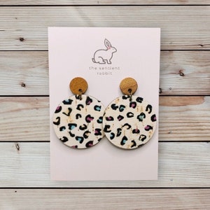 Black & White Leopard Print Circle Cork and Leather Earrings - Cheetah print - gifts for her - Mother’s Day