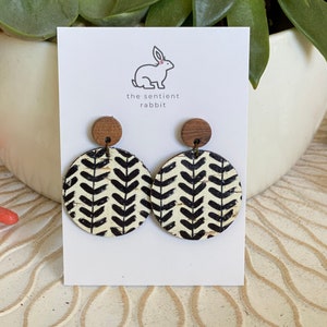 Black and White Circle Cork Leather Earrings - lightweight - simple - wood - versatile - gifts for her