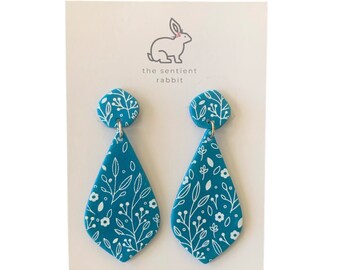 Peacock Polymer Clay Earrings with White Floral Design - Teal - Pearl - Lightweight - Mother’s Day gift for her