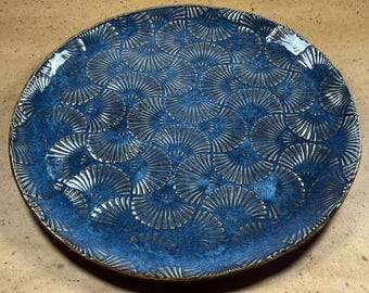 Art Deco Fan Stoneware Plate, Galaxy Blue Glaze, Handcrafted Serving Dish