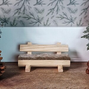 Gnome accessories for gnome door Gnome wooden bench carved with cuddly fur cover