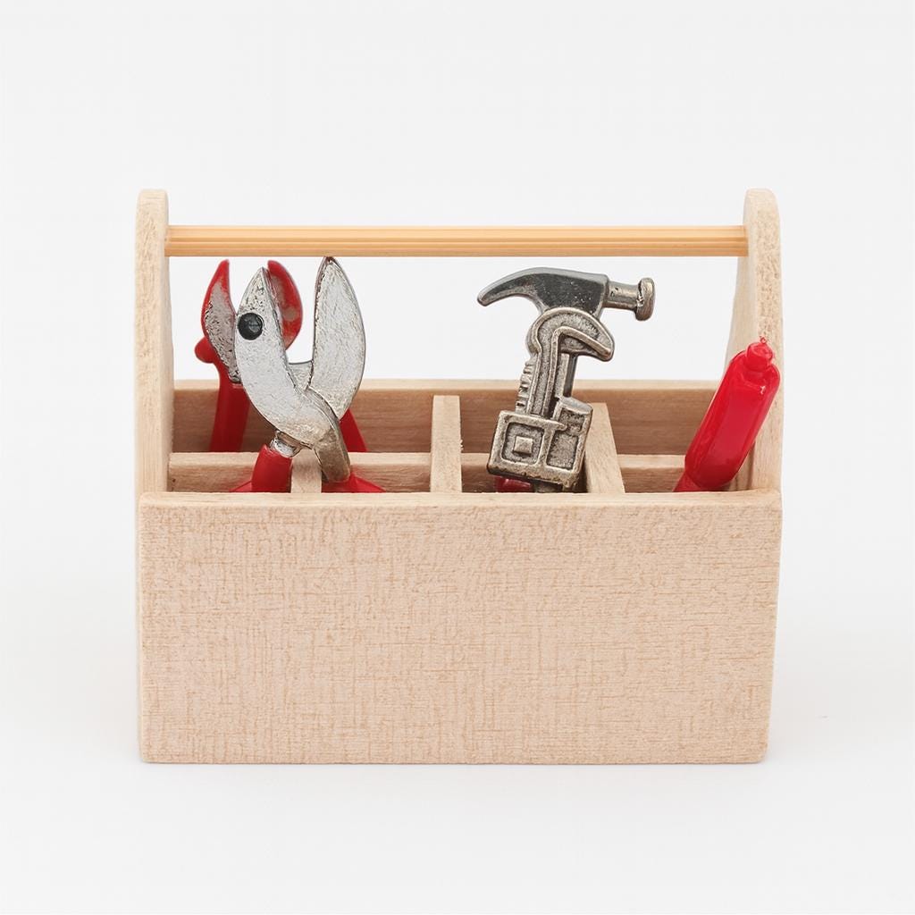 Joyzan Miniatur-Werkzeugkasten Aus Holz Für Puppenhaus 1:12 – Mit 8 Metallwerkzeugen, Maßstab 1:12, Kiste 4,5x2,3x4 Cm, Realistisches Zubehör Für Puppenstuben & Sammler